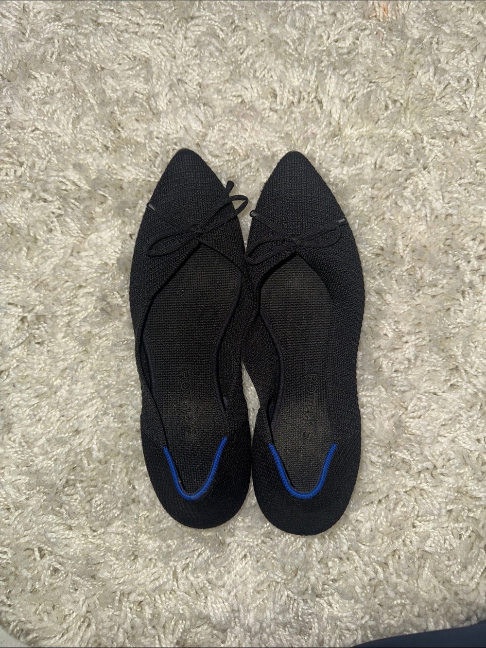 Rothy’s Womens Black Knit Pointed Ballet Flats with Bow